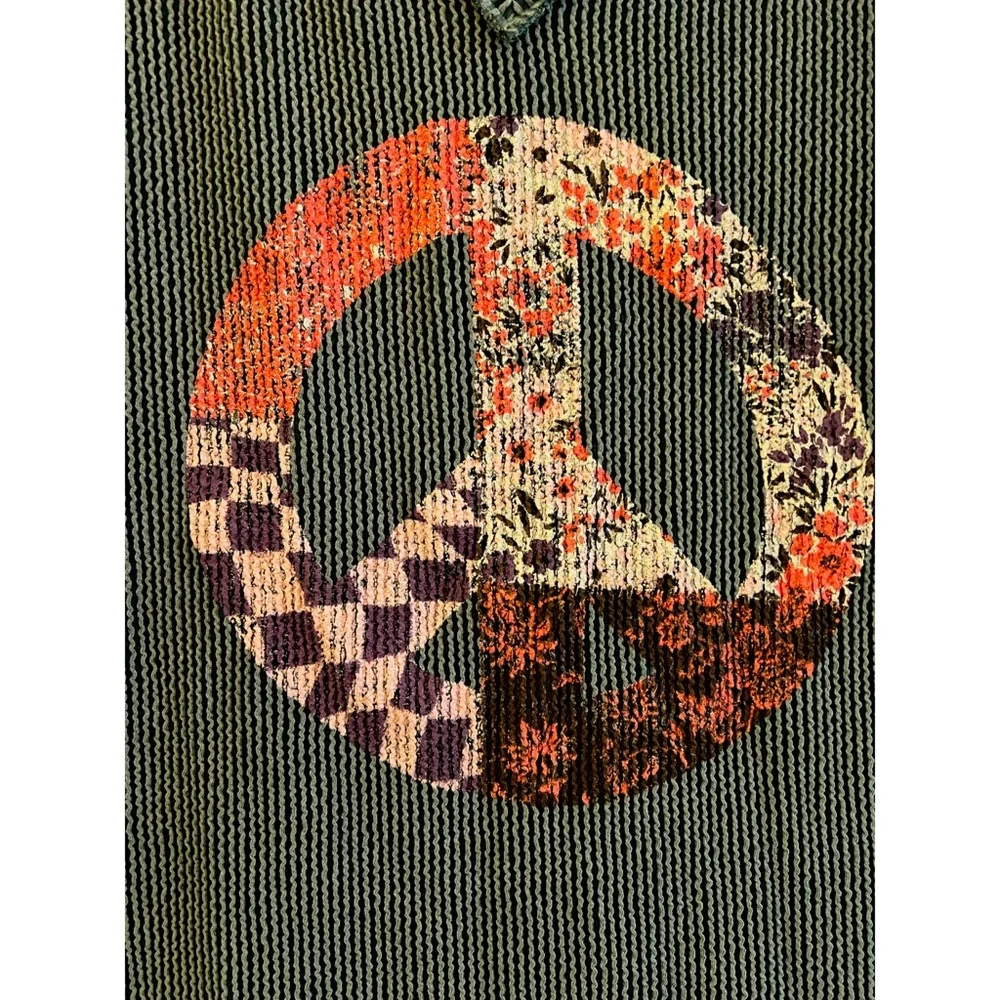 Last 1! Boho Soft Ribbed Moss V Neck Reverse Stitch Peace Sign Top! - Picture 2 of 5